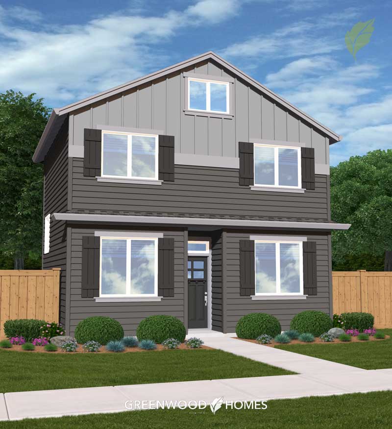 GWH-Beaumont-Village-147 Front view of a two‑story gray house with black shutters, a front yard with shrubs, and a sidewalk; Greenwood Homes model home.