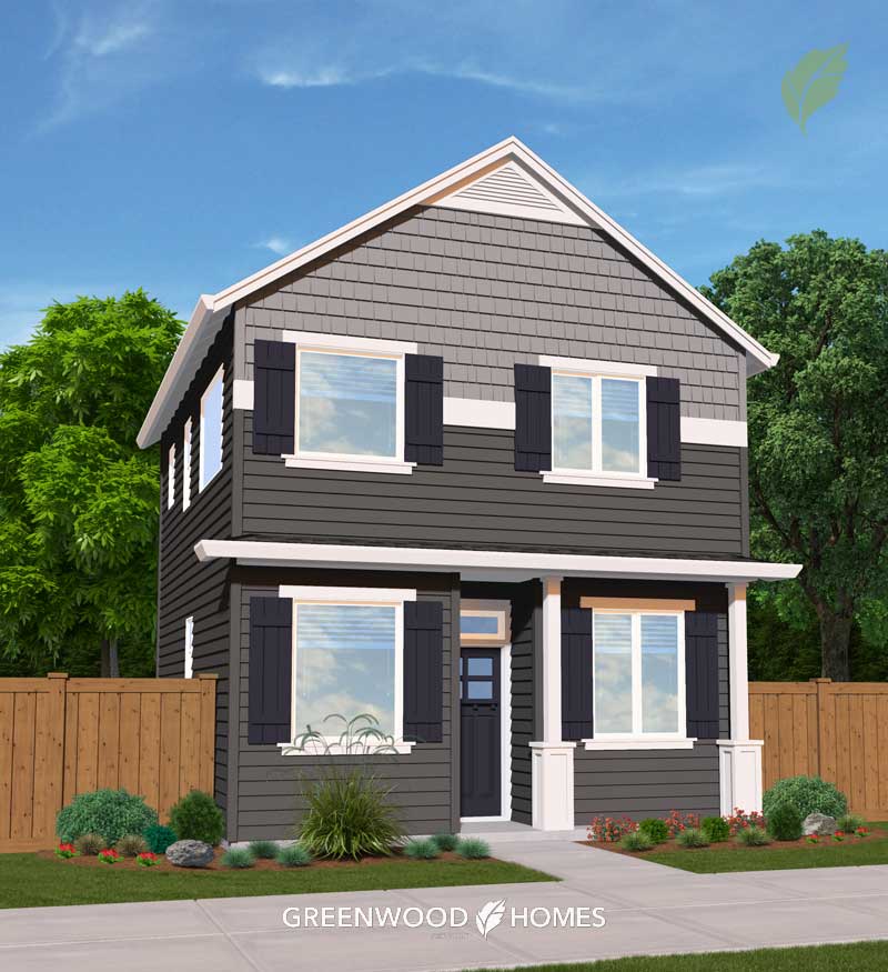 GWH-Beaumont-Village-2C Front view of a two-story gray house with white trim, black shutters, and a small covered porch, set behind a wooden fence with landscaped yard.