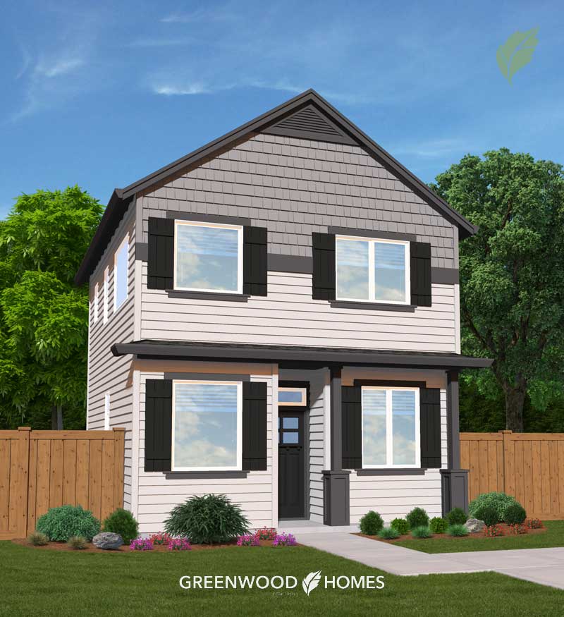 GWH-Beaumont-Village-3B Two‑story gray suburban house with black shutters, a small porch, and a landscaped front yard, Greenwood Homes logo visible at the bottom.