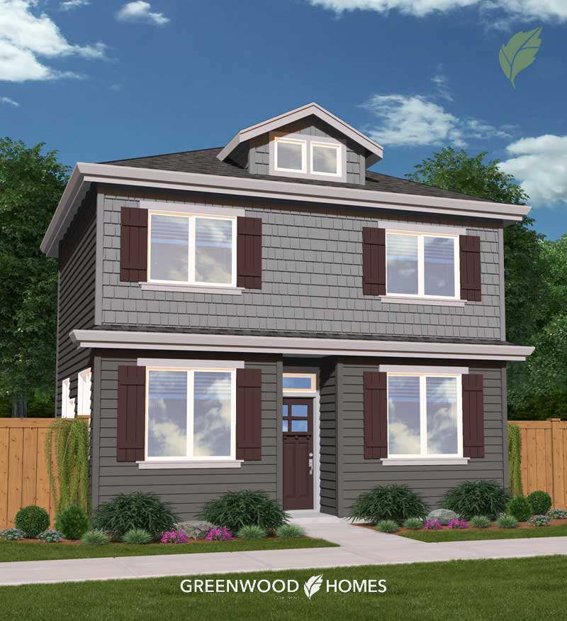 GWH-Beaumont-Village-58 Two-story gray suburban house with white trim, dark shutters, dormer windows, and a landscaped front yard; Greenwood Homes rendering.