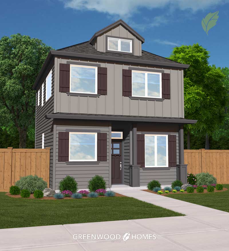 GWH-Beaumont-Village-6C Two-story gray house with dark shutters, landscaped front yard, and a wooden fence; residential rendering by Greenwood Homes.