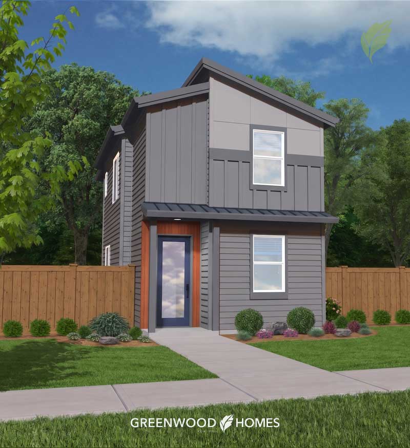 GWH-Tibbetts-Corner-1-Elm Front view of a modern two-story gray house with white-framed windows, blue front door, and landscaped yard along a concrete walkway. A wooden fence and green trees surround the property, with Greenwood Homes branding at the bottom.