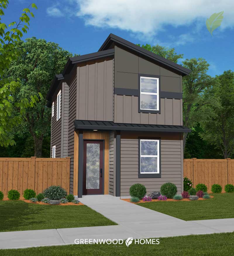 GWH-Tibbetts-Corner-2-Elm Two-story modern gray house with dark trim, front door under a small overhang, surrounded by a wooden fence and green landscaping