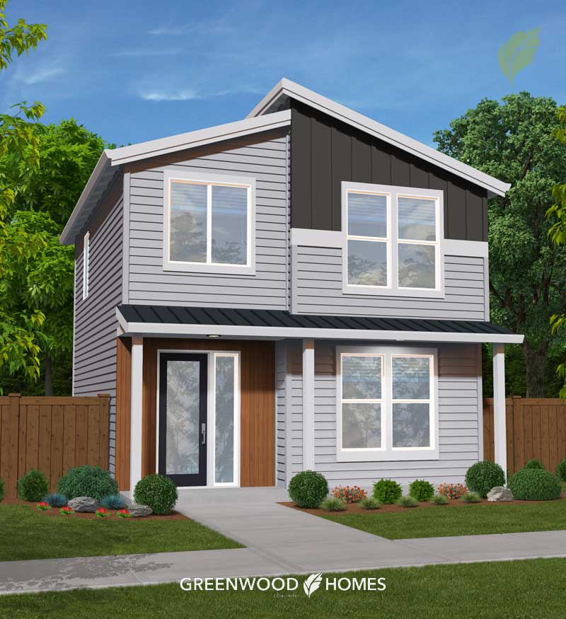 GWH-Tibbetts-Corner-3-6-Fir Two-story gray house with white trim and a black-accented upper façade, front porch, and landscaped yard in a green setting (Greenwood Homes).
