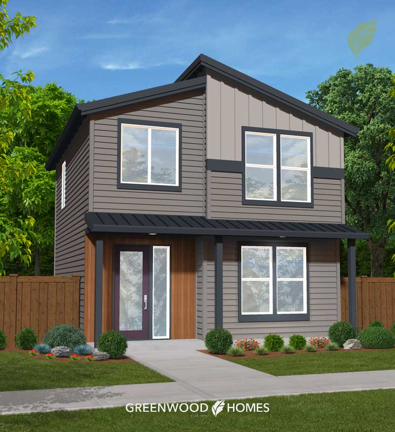 GWH-Tibbetts-Corner-4-Fir Front view of a two-story suburban home with gray siding, dark trim, a covered porch, and a landscaped yard.