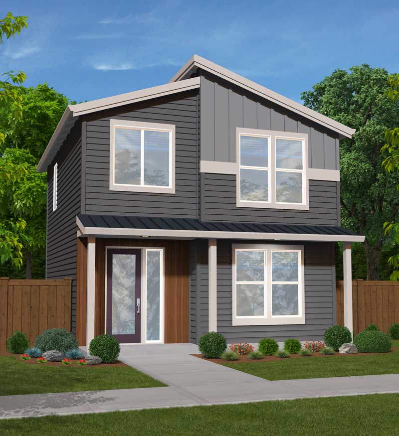 GWH-Tibbetts-Corner-5-Fir Modern two-story house with dark gray siding, white trim, and a covered front entry, surrounded by a manicured lawn and shrubs.