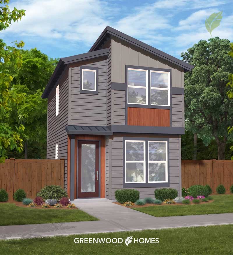 GWH-Tibbetts-Corner-7-Oak Two-story modern gray house with dark trim, front door, large windows, and a landscaped yard behind a wooden fence.