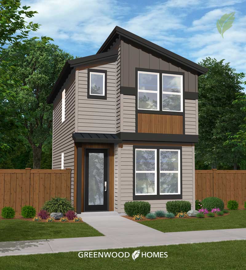 GWH-Tibbetts-Corner-8-Oak Two-story modern house with beige siding, black trim and large front windows, front yard landscaping behind a wooden fence.