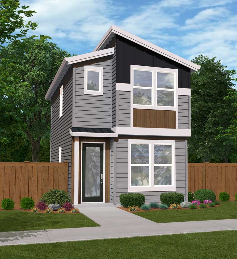 GWH-Tibbetts-Corner-9-Oak Two-story gray modern house with white trim, black front door, and a large front window with landscaped yard.